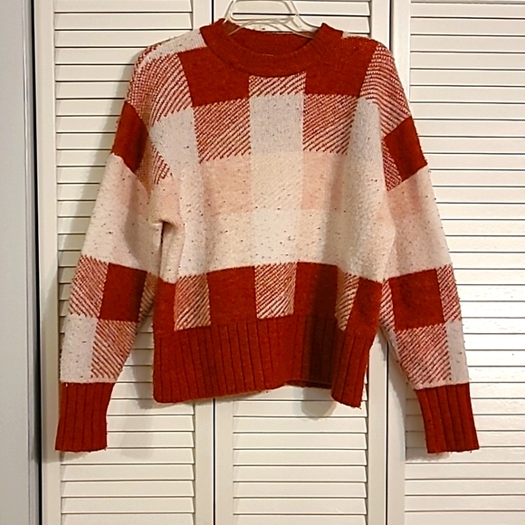a new day Sweaters - Burnt Orange Plaid Checkerboard Crewneck Sweater - Soft, Cozy, Fall